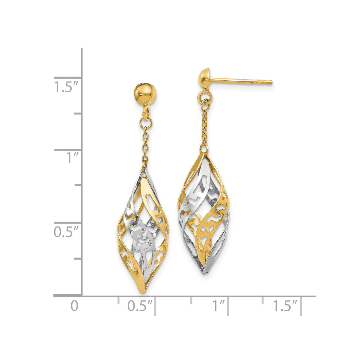 14k Yellow Gold Dangle Earrings with Twisted Leaf Design, Two-Tone Lightweight Drop Style