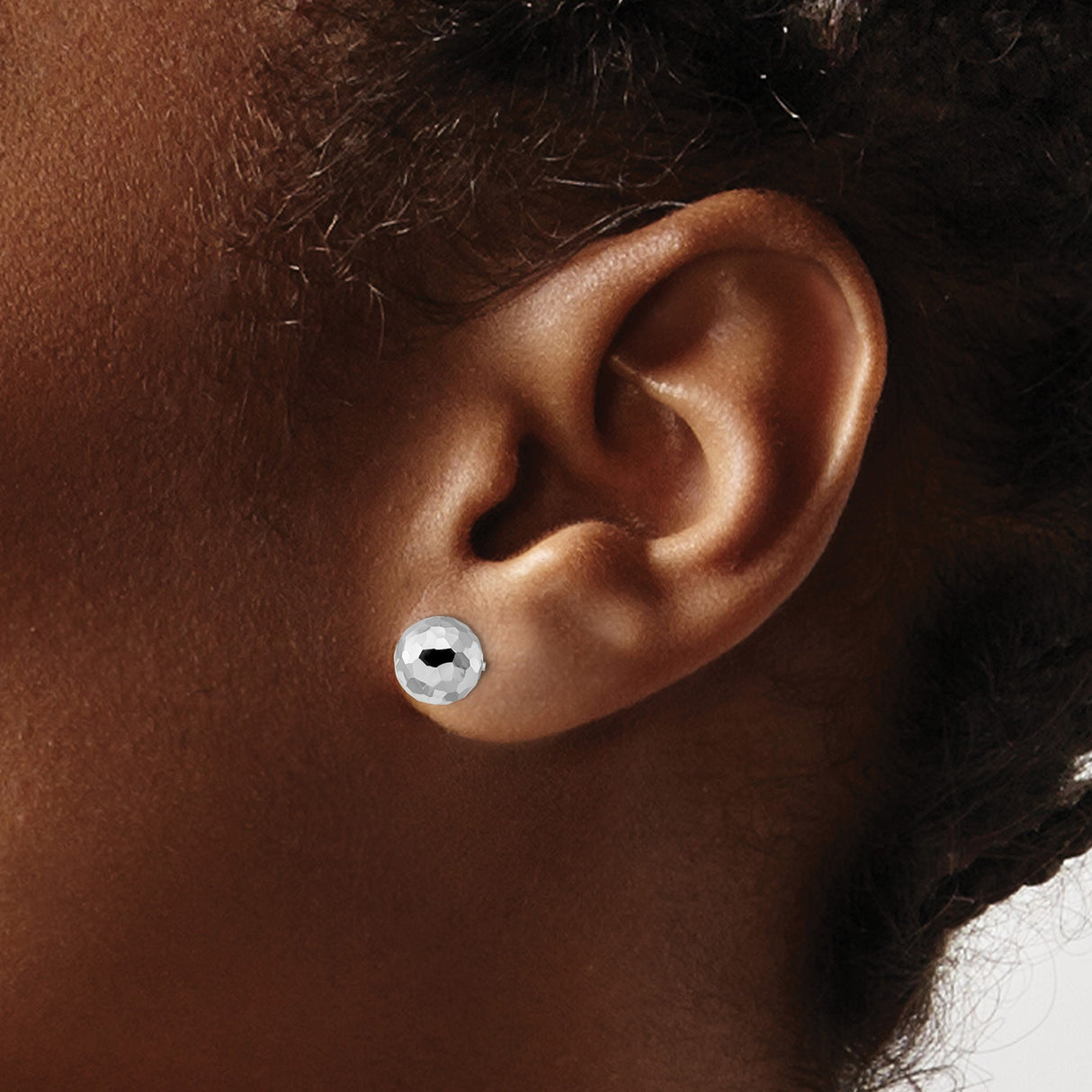 14k White Gold Faceted Dome Stud Earrings, Hammered Textured Ball Design for Women