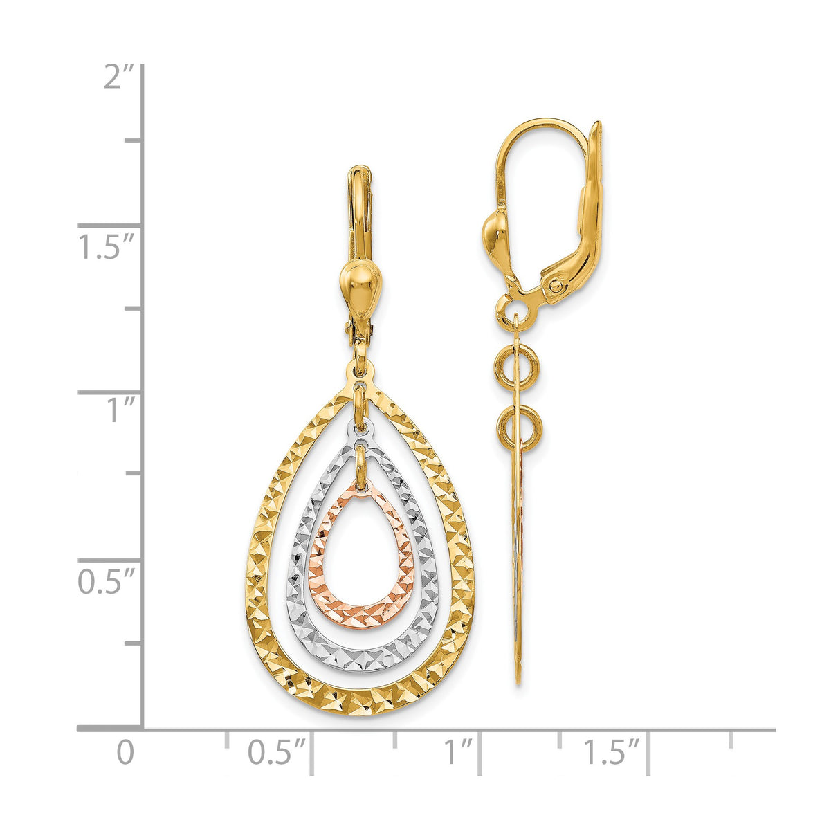 14k Tri-Color Gold Dangle Earrings with Diamond-Cut Teardrop Layers and Leverback Design