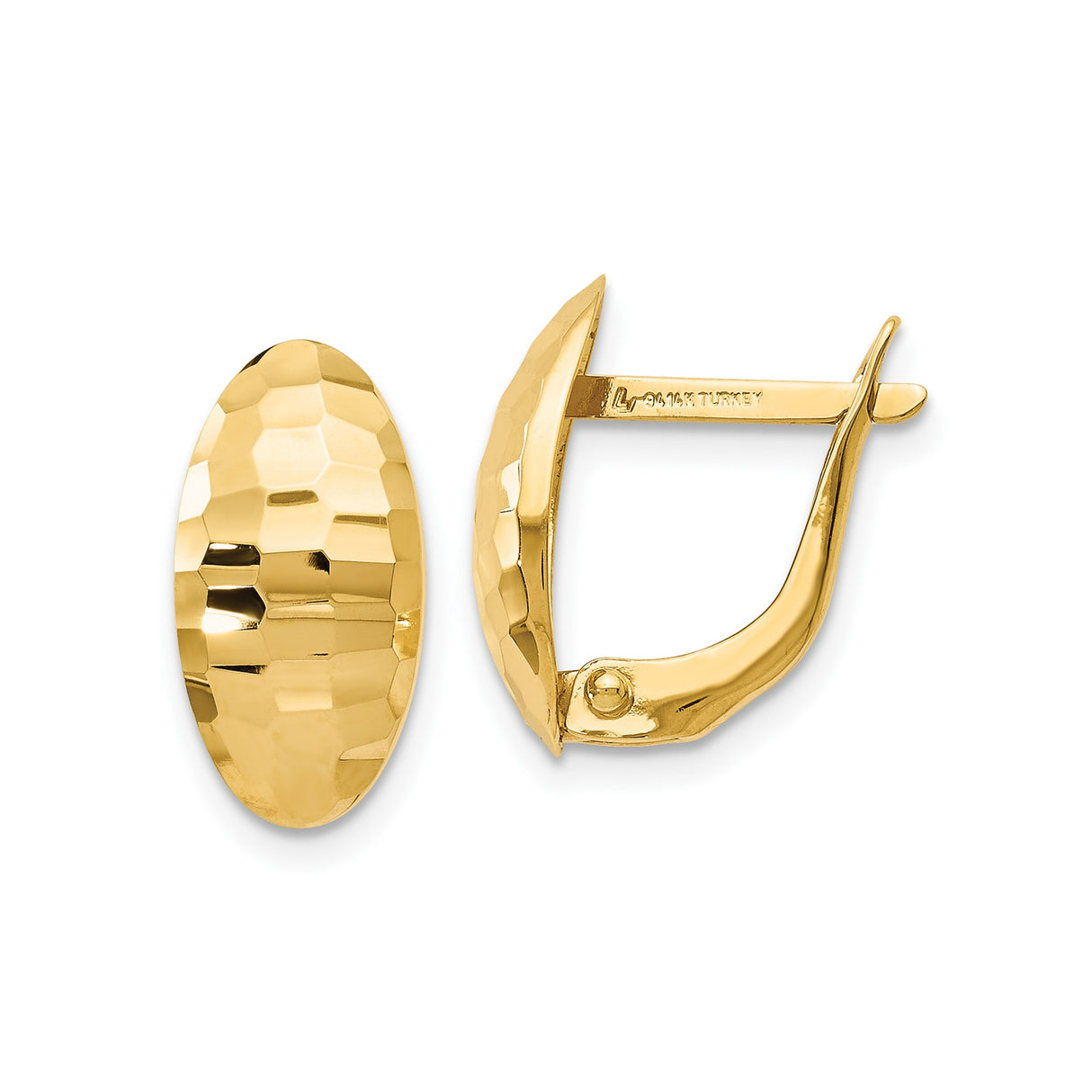 14k Yellow Gold Oval Hoop Earrings with Hammered Finish and Hinged Clasp