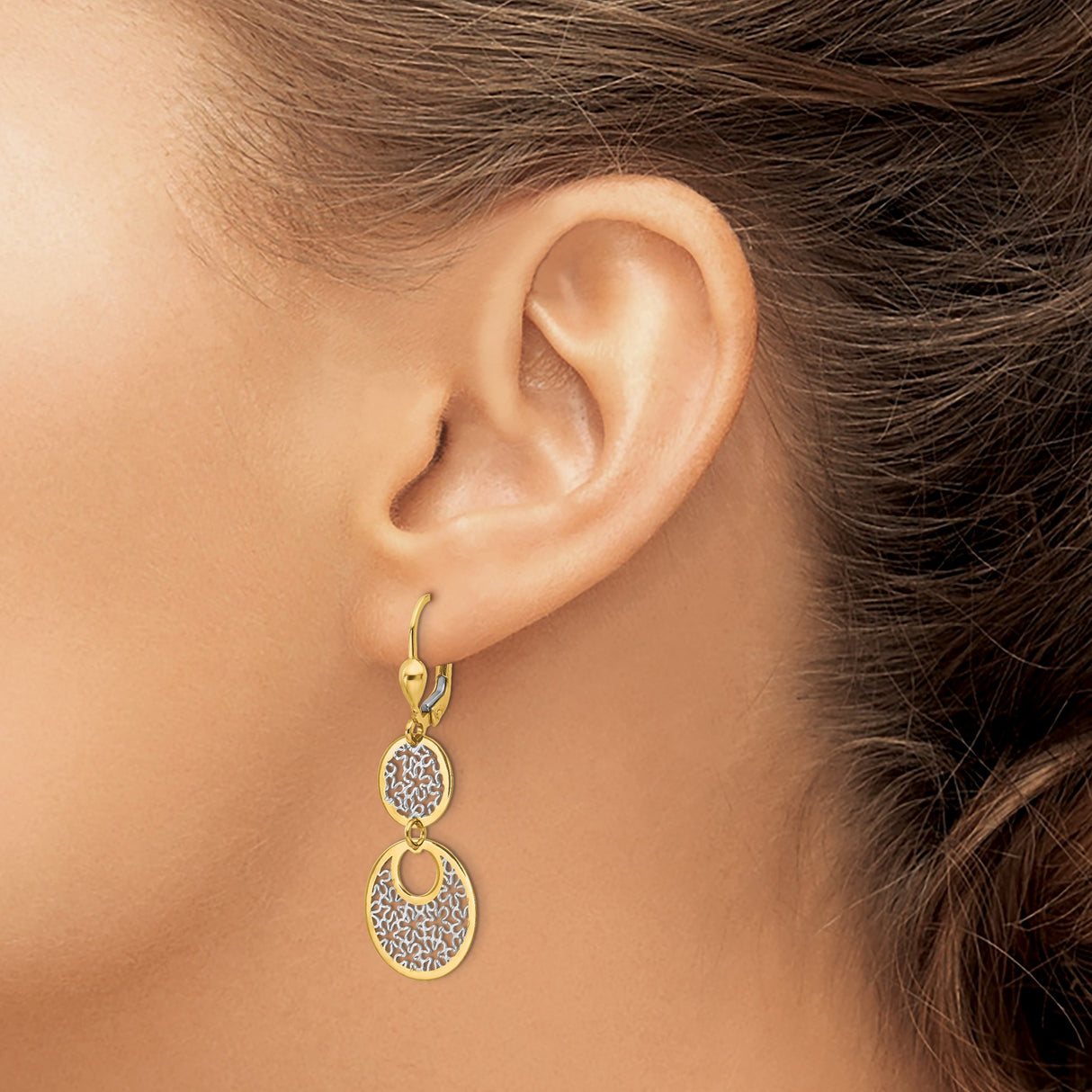 14k Yellow Gold Dangle Earrings with Rhodium Dual Circles and Diamond Cut Texture