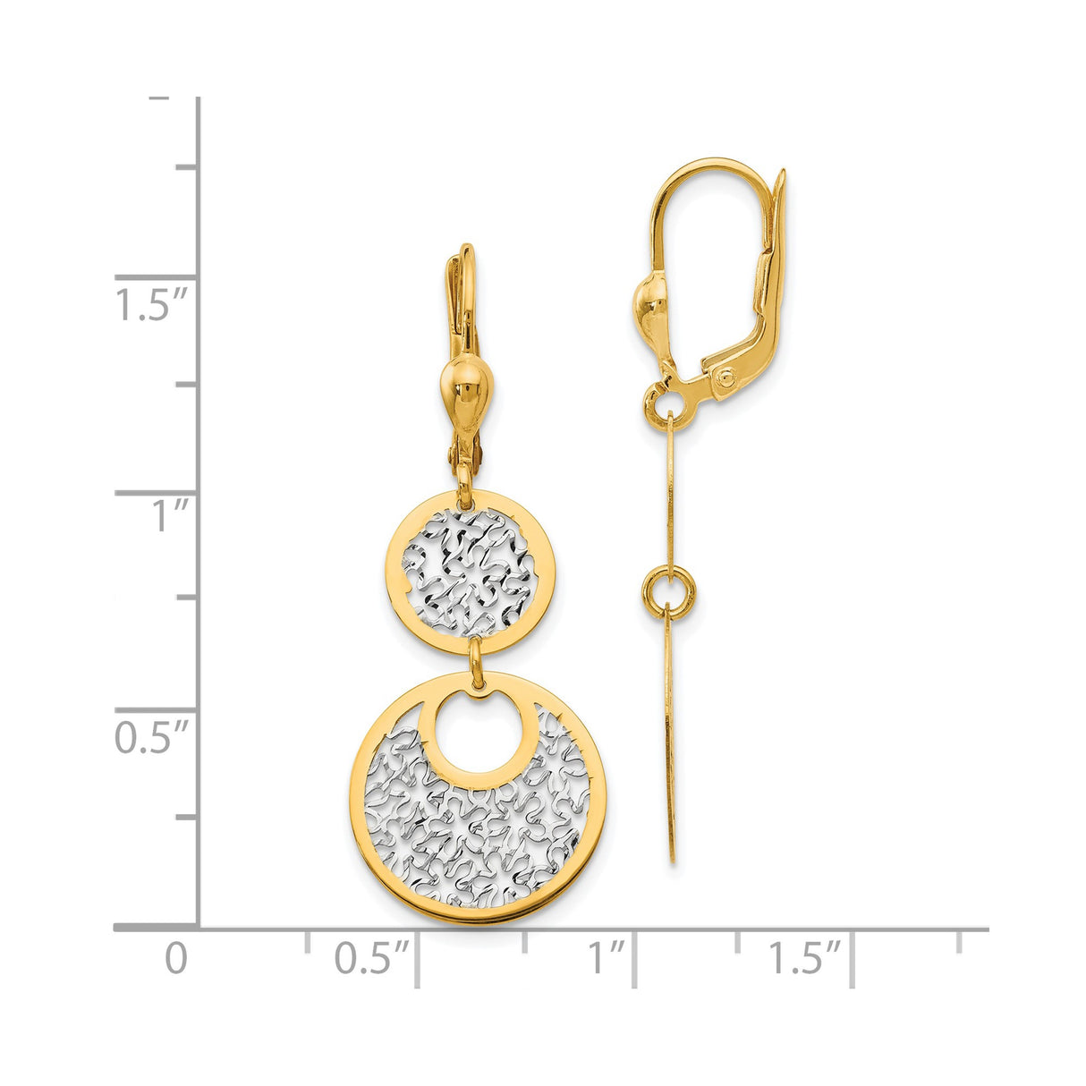14k Yellow Gold Dangle Earrings with Rhodium Dual Circles and Diamond Cut Texture