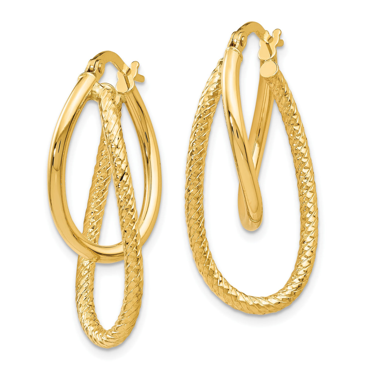 14k Yellow Gold Double Hoop Earrings, Textured and Polished Teardrop Design for Women
