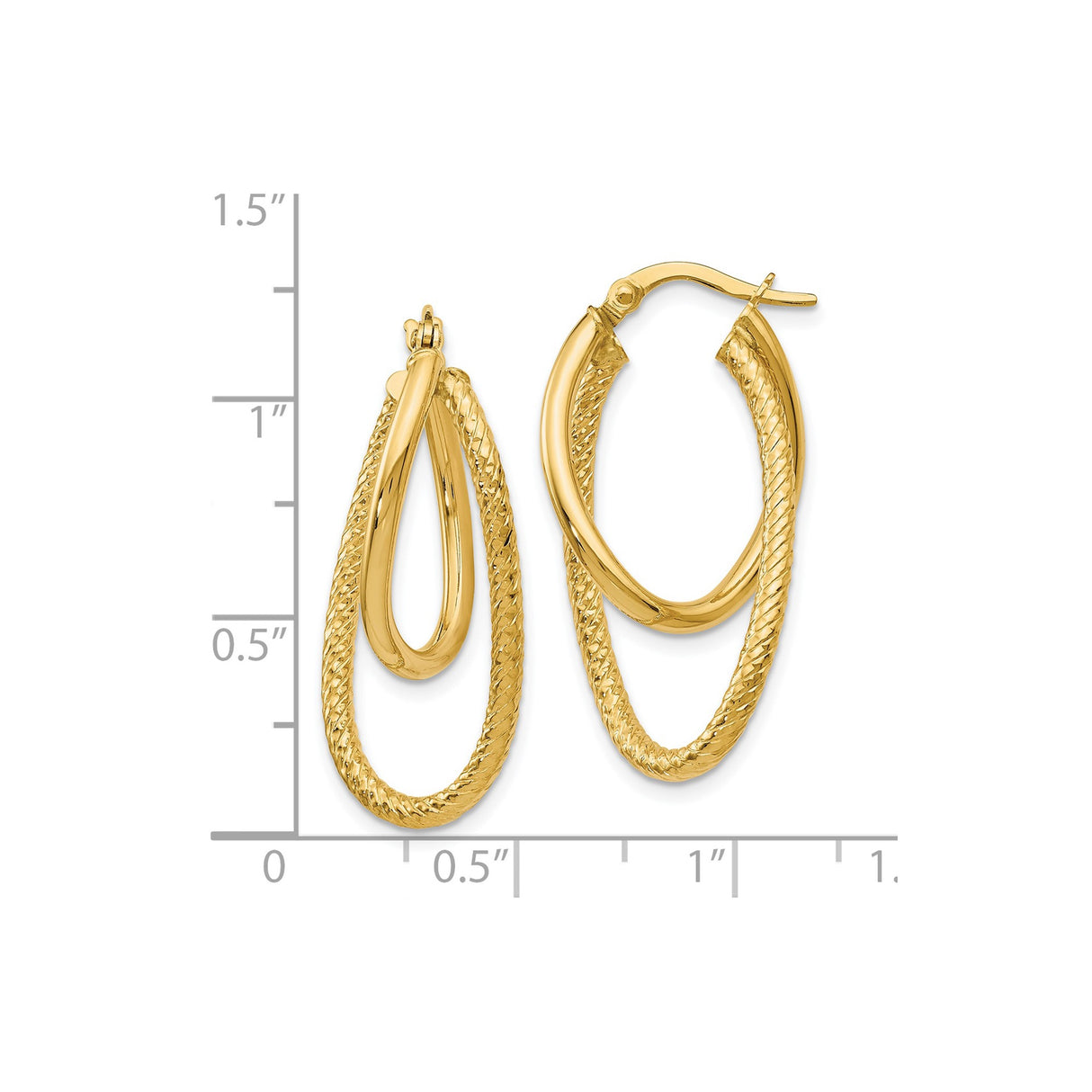 14k Yellow Gold Double Hoop Earrings, Textured and Polished Teardrop Design for Women