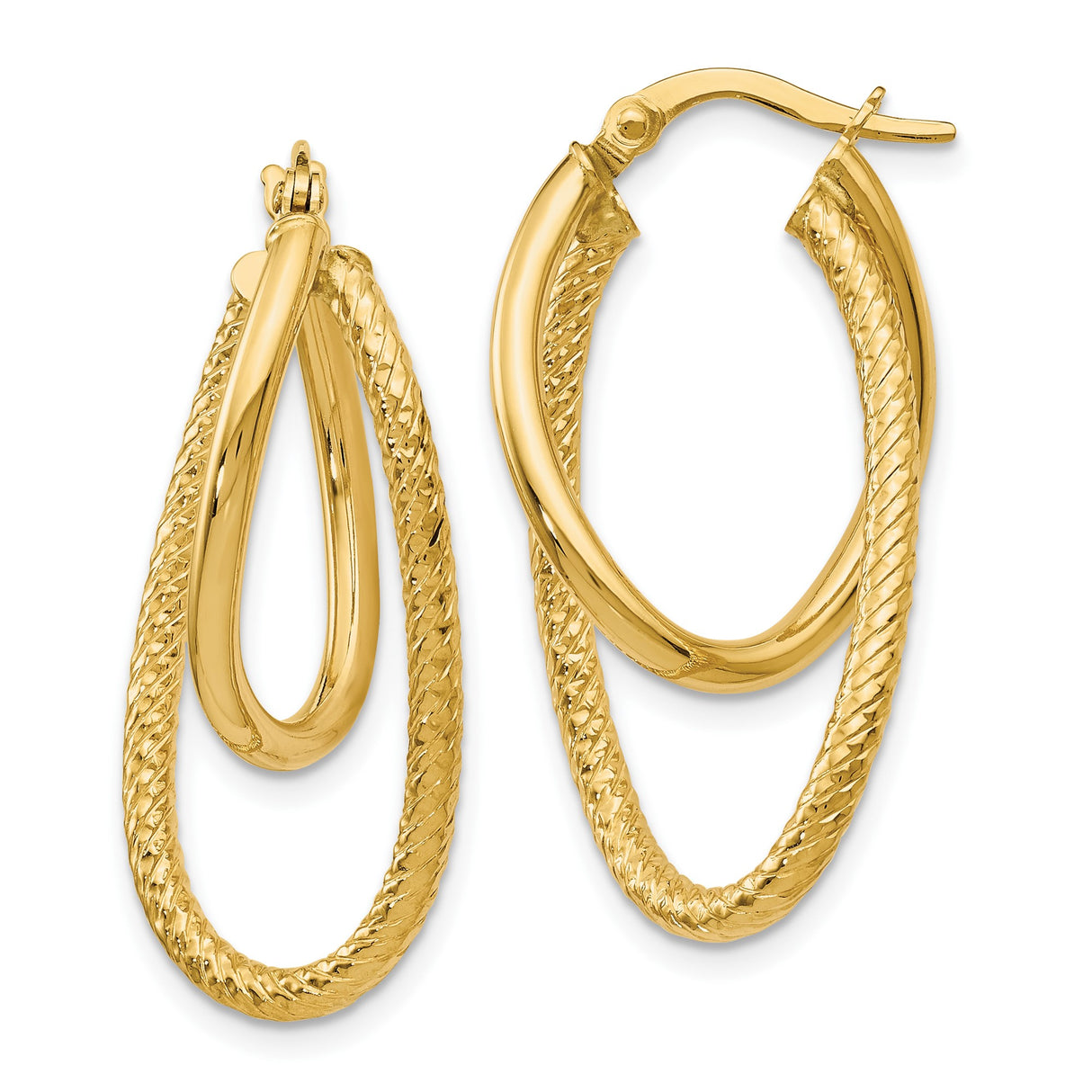 14k Yellow Gold Double Hoop Earrings, Textured and Polished Teardrop Design for Women