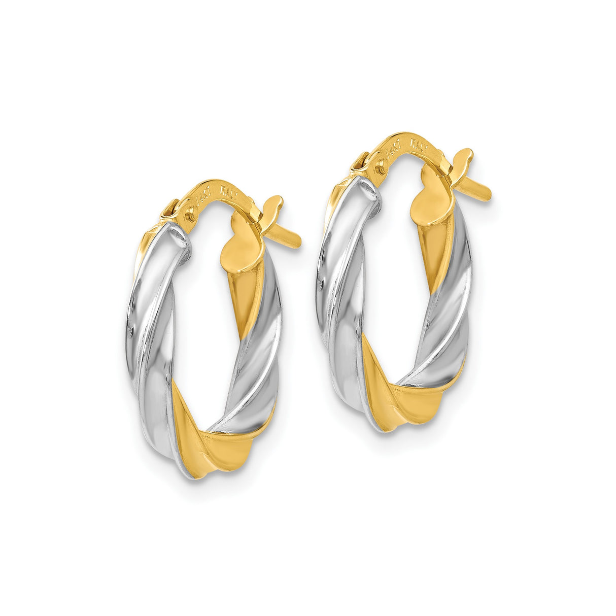 14k Yellow Gold Twisted Hoop Earrings, Dual Tone Polished Round Hoops, Italian Style for Women