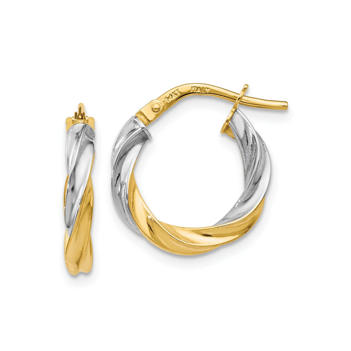 14k Yellow Gold Twisted Hoop Earrings, Dual Tone Polished Round Hoops, Italian Style for Women