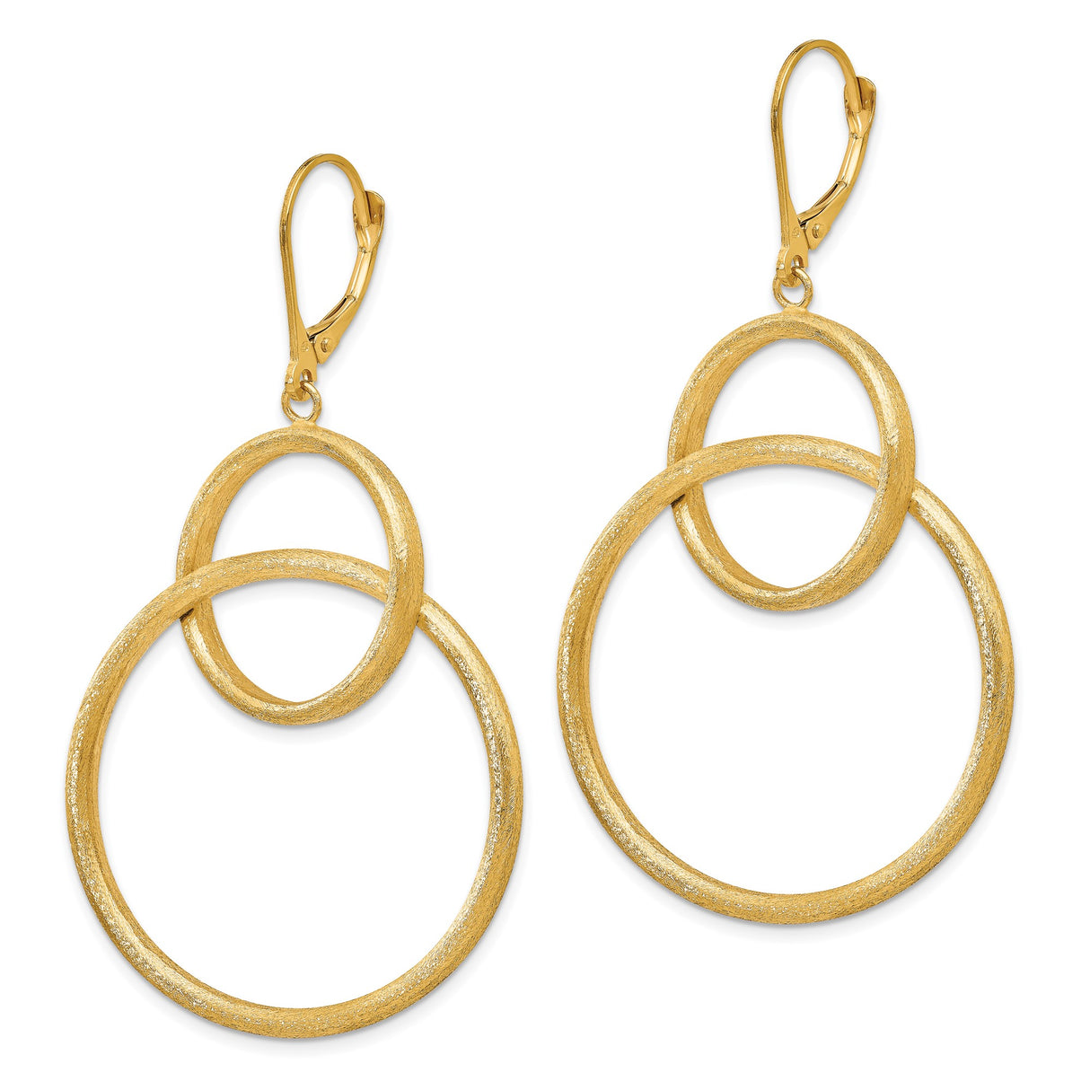 14k Yellow Gold Dangle Earrings with Interlinked Open Oval and Circle Hoops, Satin Finish, Geometric Design