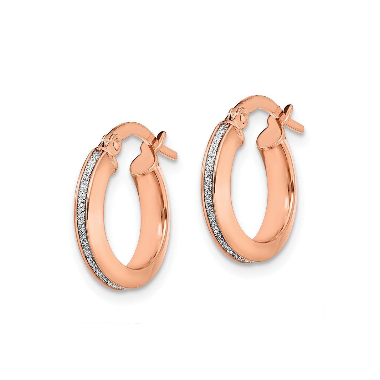 14k Rose Gold Hoop Earrings with Silver Stripe, Textured Polished Finish, Medium Lightweight Style