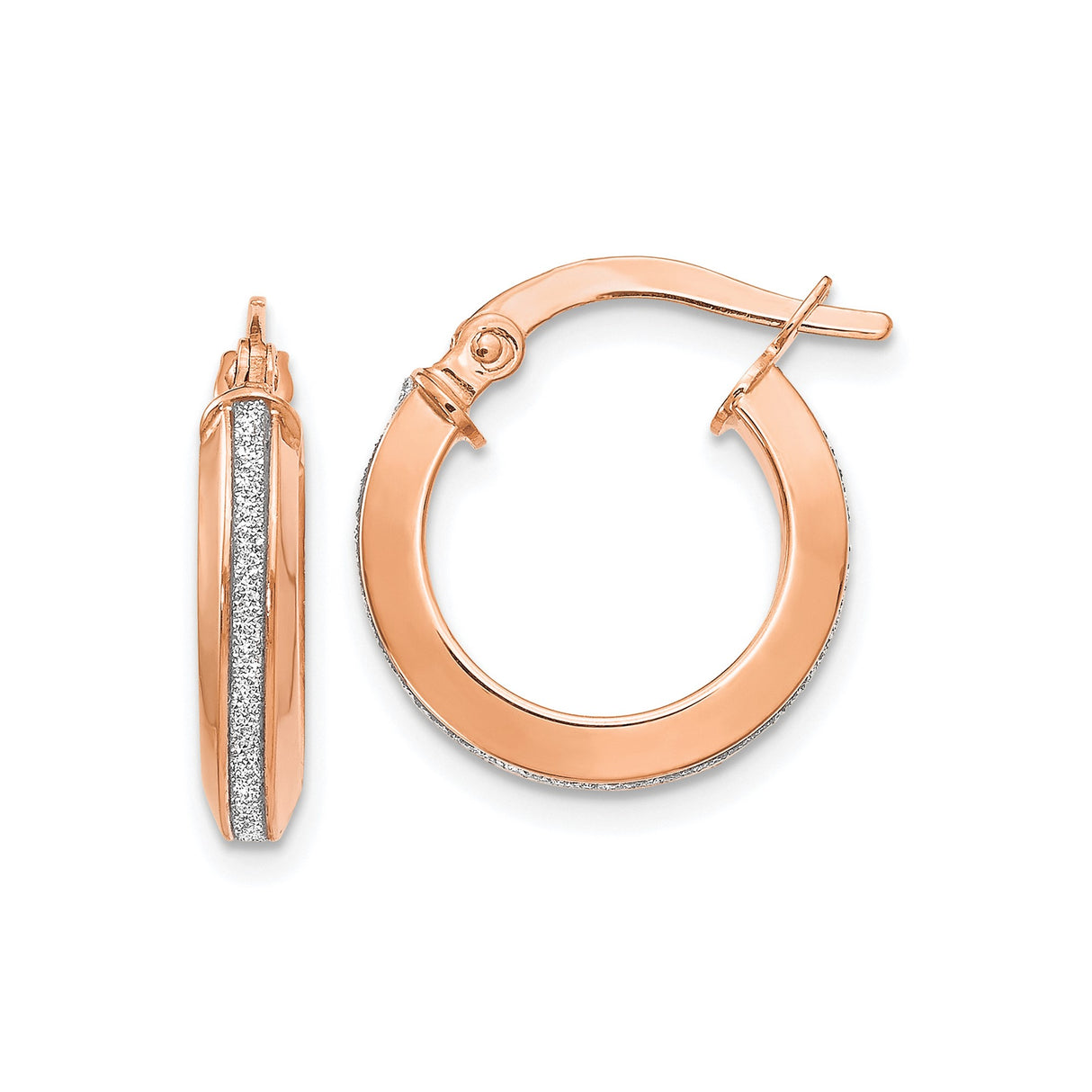14k Rose Gold Hoop Earrings with Silver Stripe, Textured Polished Finish, Medium Lightweight Style