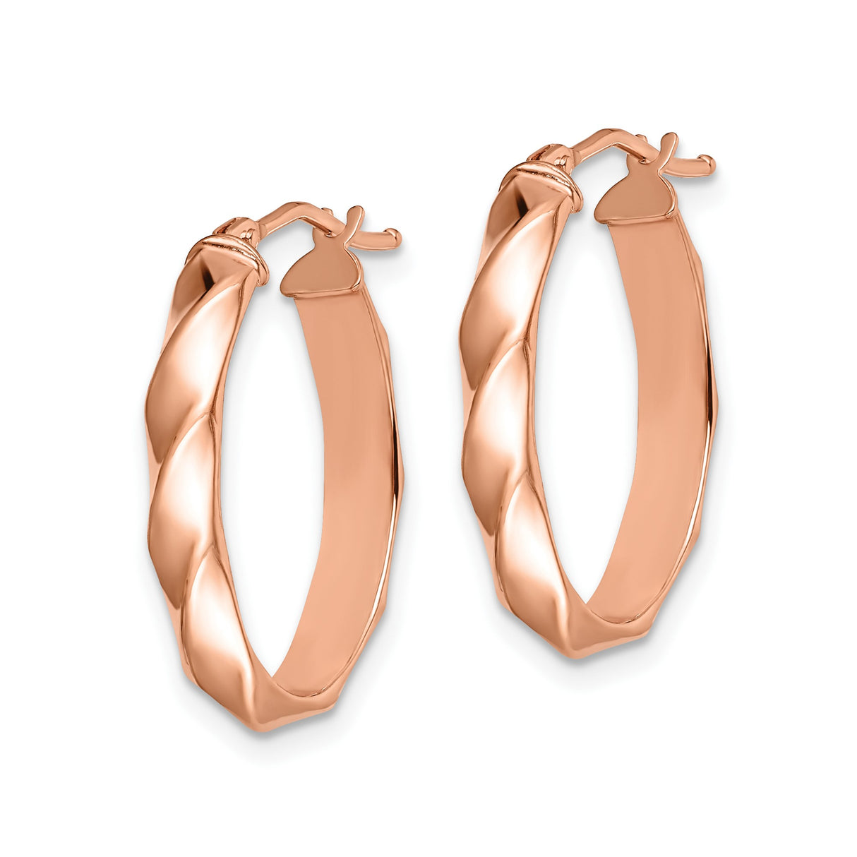 14k Rose Gold Twisted Oval Hoop Earrings, Polished Textured Wavy Design for Women