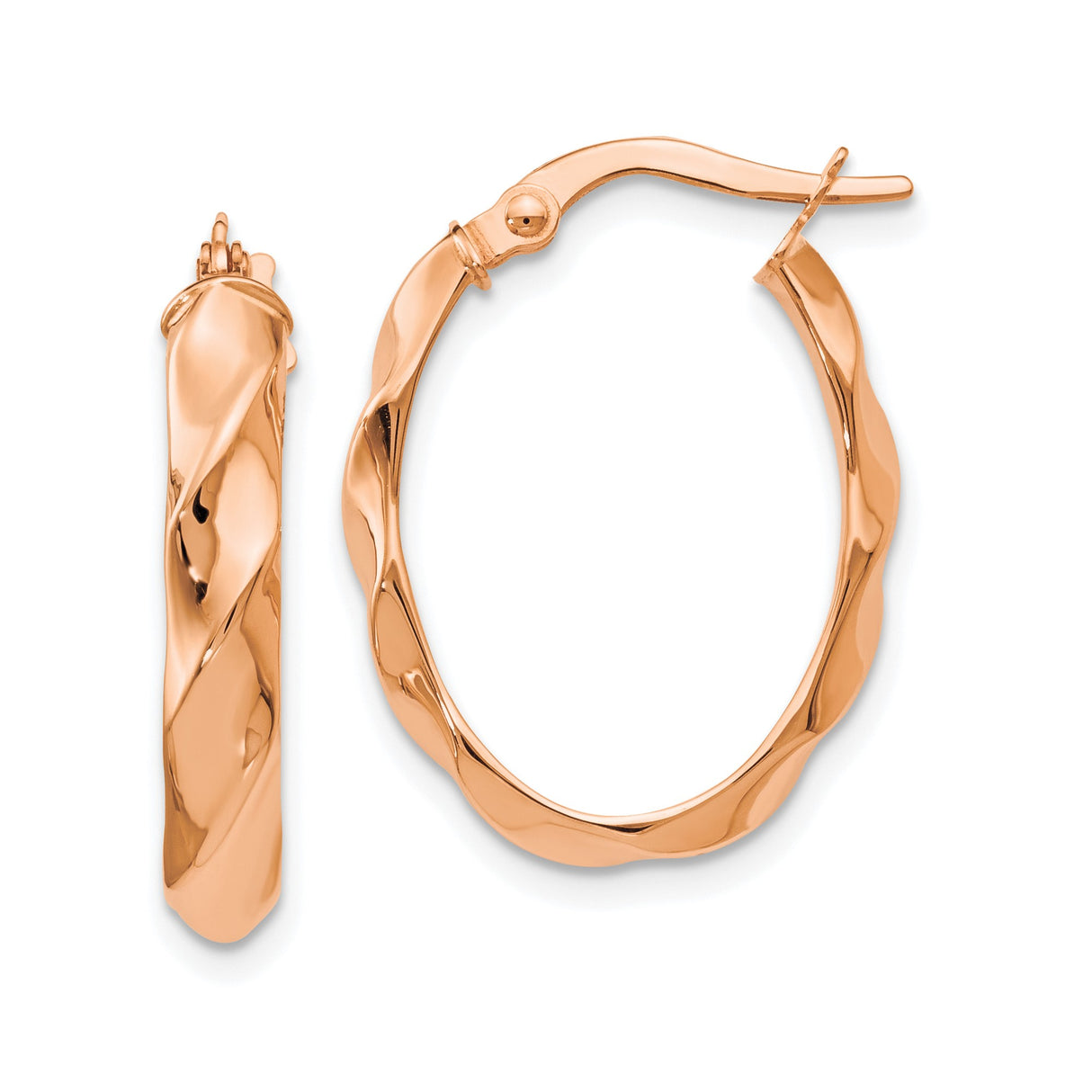 14k Rose Gold Twisted Oval Hoop Earrings, Polished Textured Wavy Design for Women