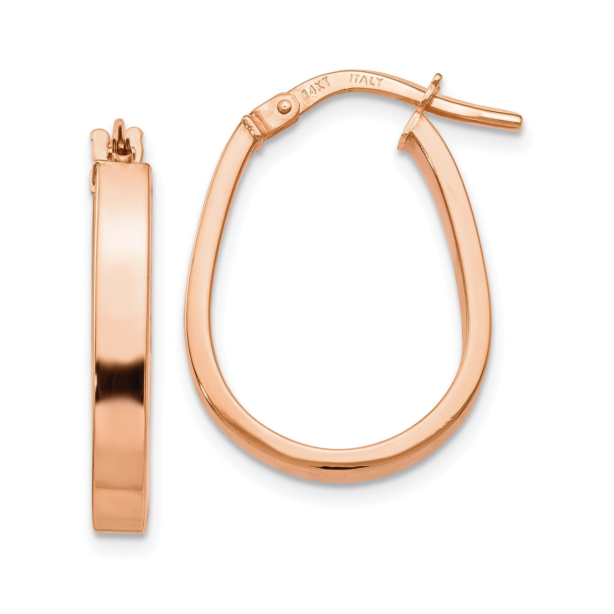 14k Rose Gold Teardrop Hoop Earrings, Polished Finish, Flat Edge Minimalist Design