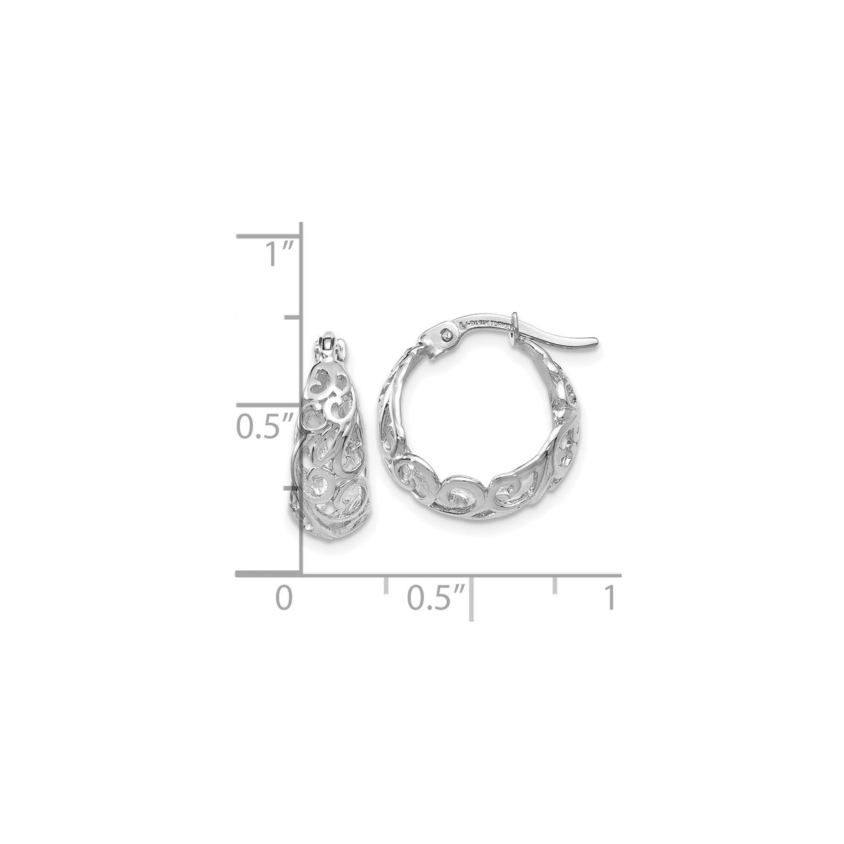 14k White Gold Hoop Earrings with Openwork Scroll Design and Heart Swirls