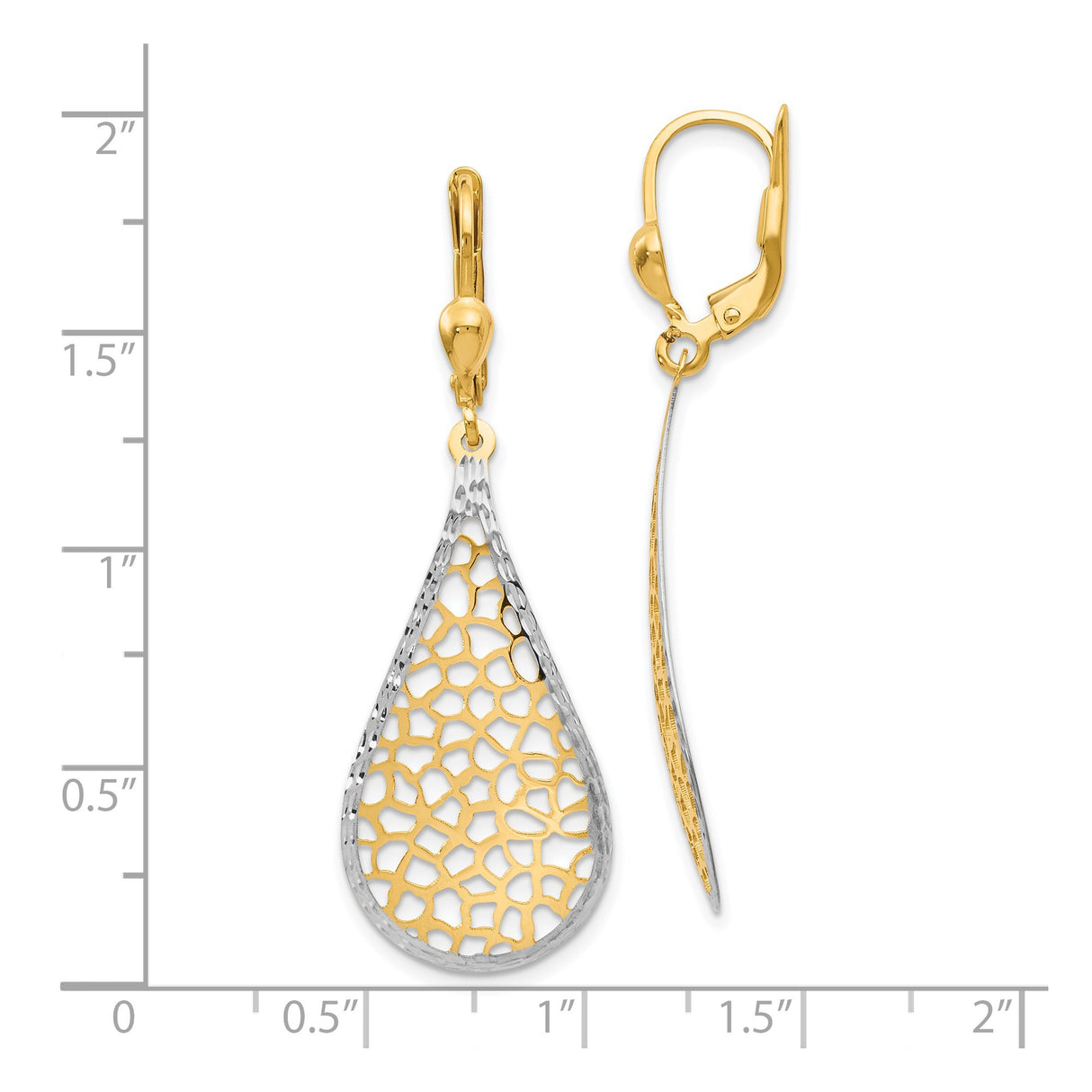 14k Yellow Gold Drop Earrings with Rhodium Teardrop Openwork Design and Leverback Backs