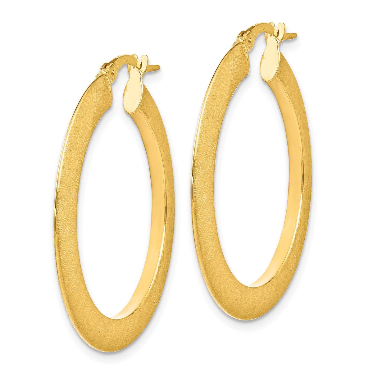 14k Yellow Gold Hoop Earrings, Flat Round Brushed Finish, Lightweight Modern Design for Women