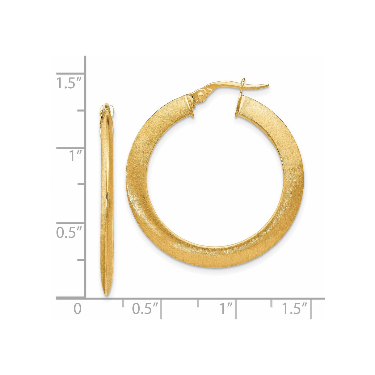 14k Yellow Gold Hoop Earrings, Flat Round Brushed Finish, Lightweight Modern Design for Women