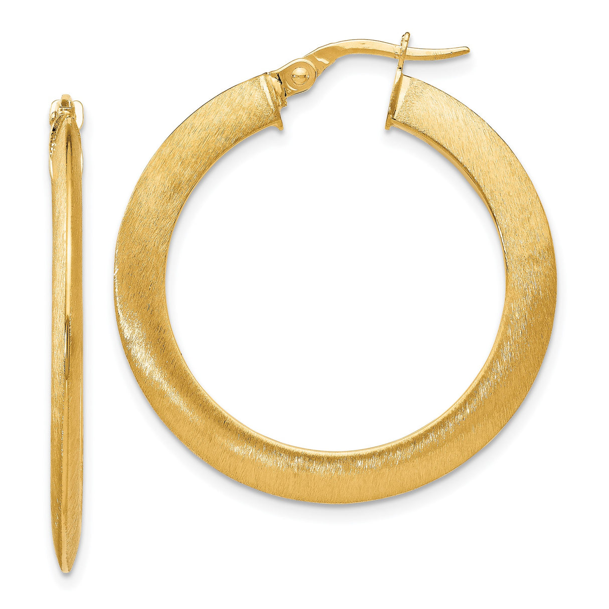 14k Yellow Gold Hoop Earrings, Flat Round Brushed Finish, Lightweight Modern Design for Women