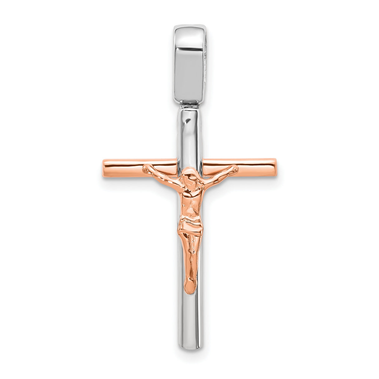 14k Two-Tone Gold Crucifix Cross Pendant with Rose and White Gold Jesus Figure