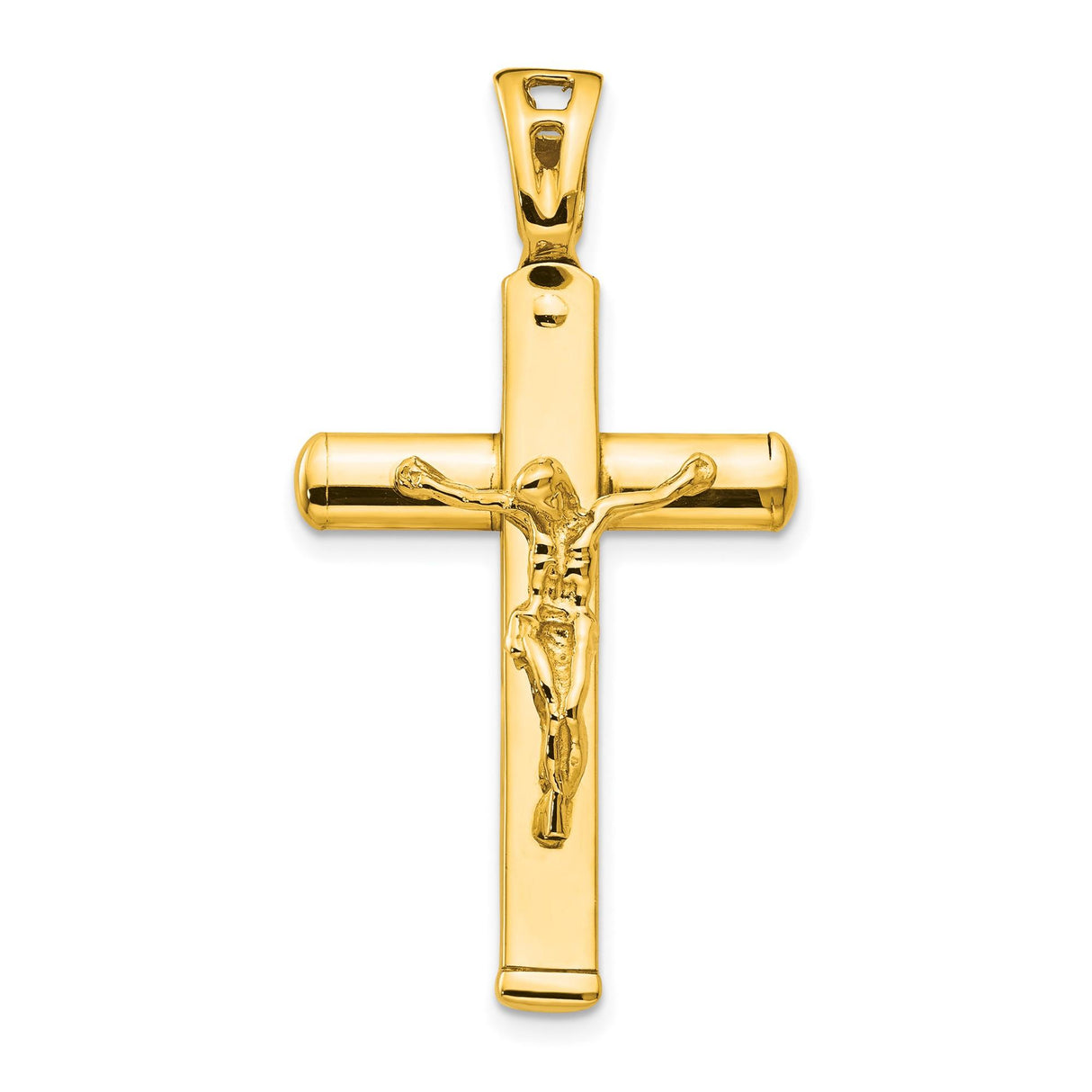 14k Yellow Gold Crucifix Pendant with Raised Jesus Figure, Latin Cross Religious Charm