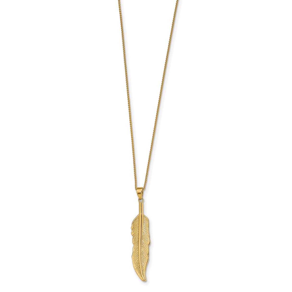 14k Yellow Gold Feather Pendant with Detailed Engraving, Boho Charm Symbolizing Freedom and Inspiration