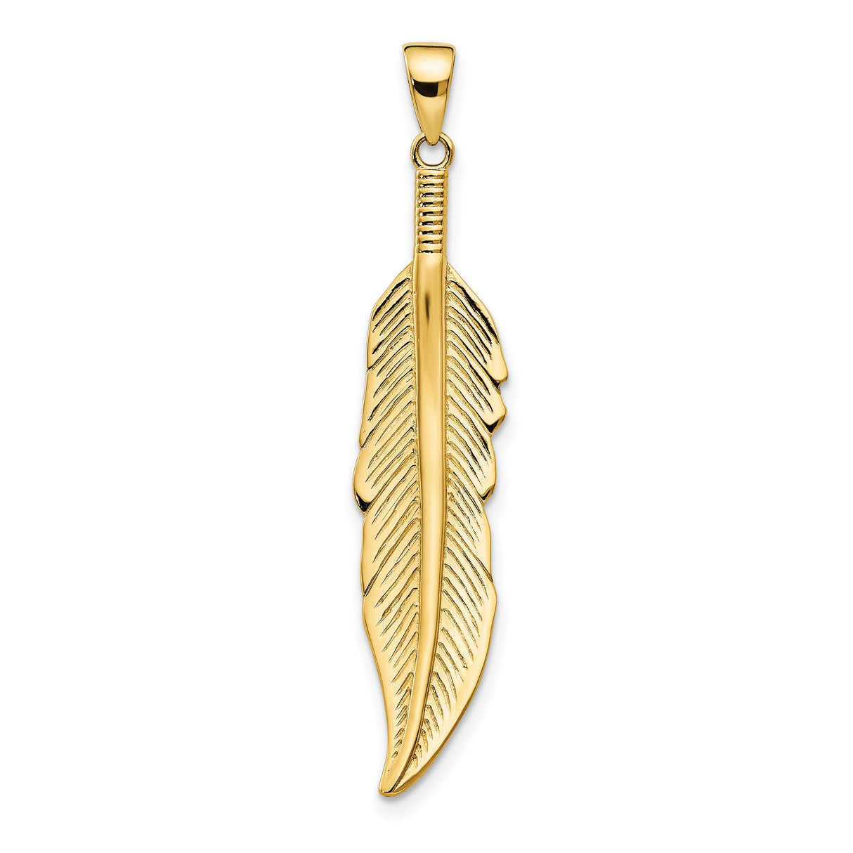 14k Yellow Gold Feather Pendant with Detailed Engraving, Boho Charm Symbolizing Freedom and Inspiration