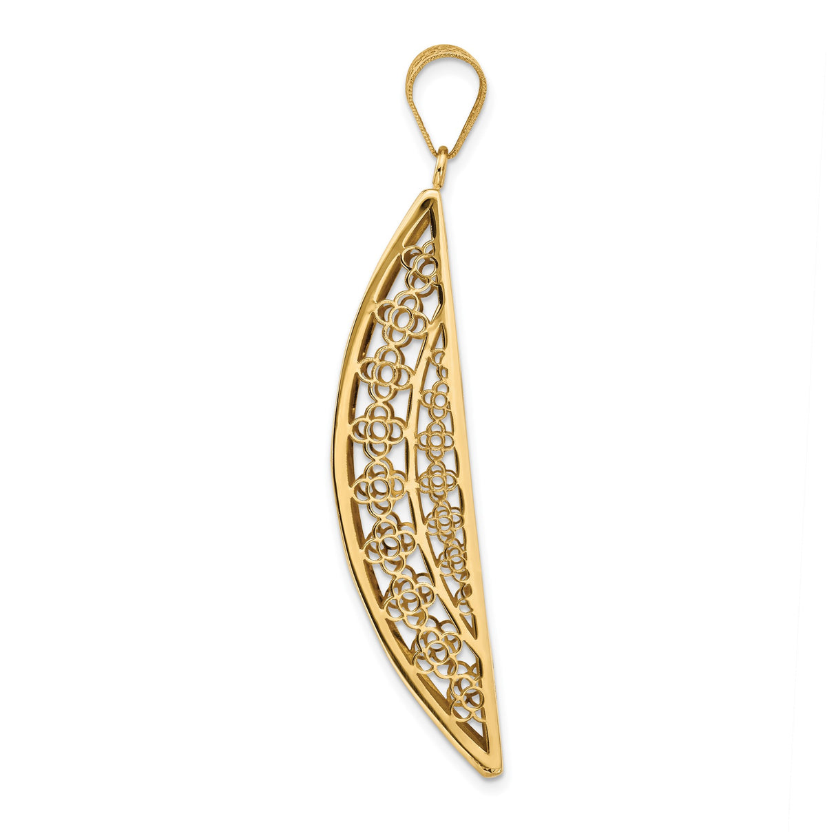 14k Yellow Gold Pendant, Curved Rectangle with Floral Filigree and Wave Texture