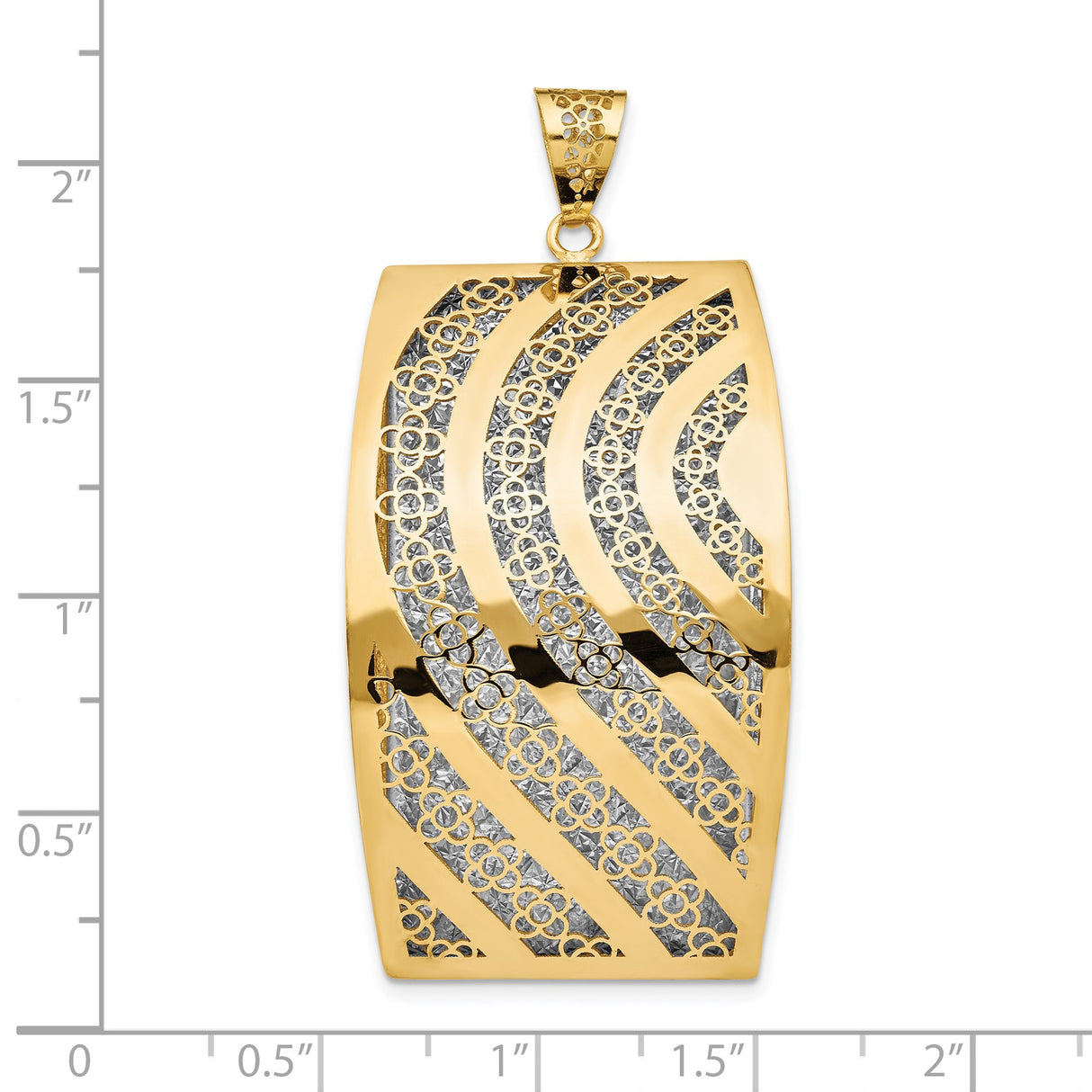 14k Yellow Gold Pendant, Curved Rectangle with Floral Filigree and Wave Texture