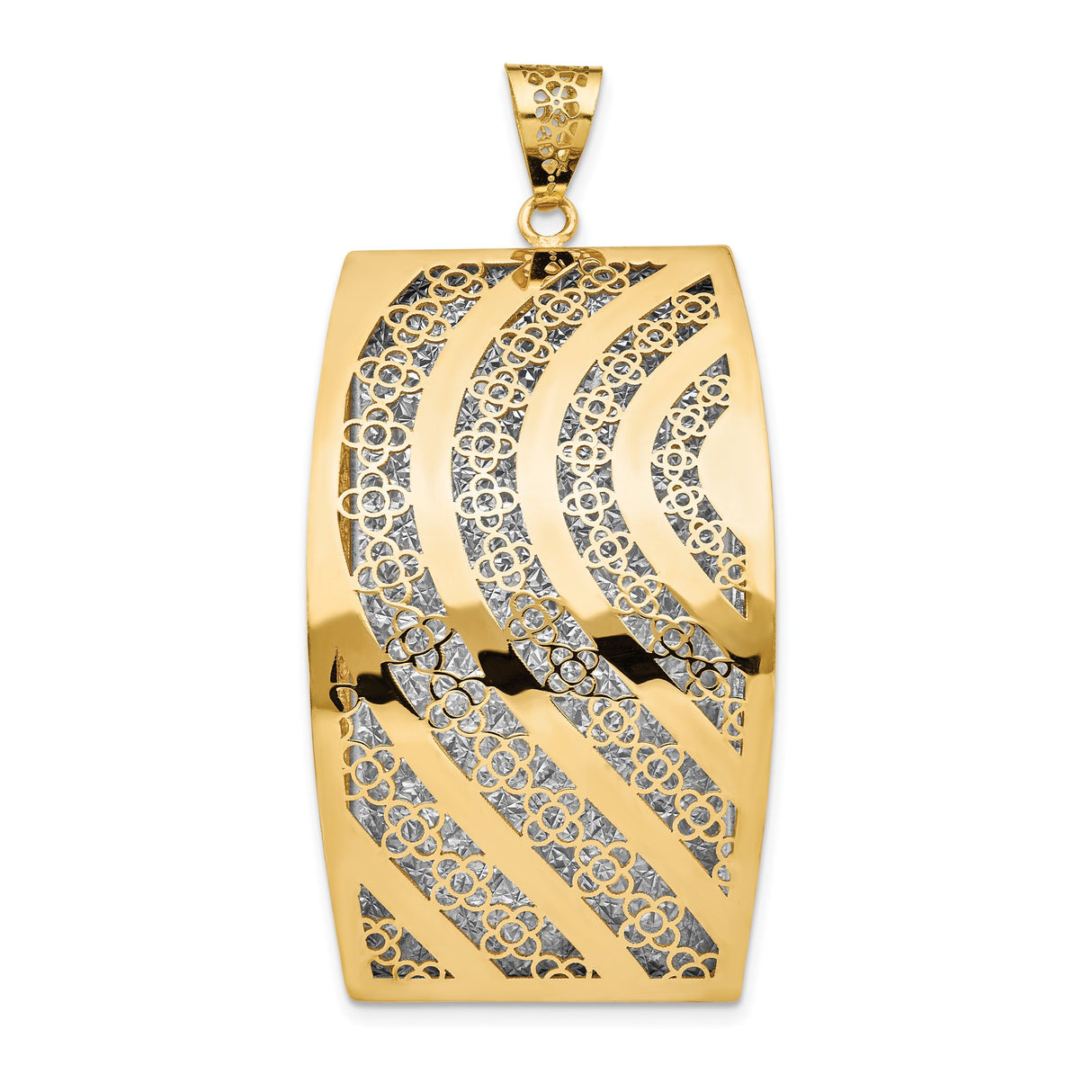 14k Yellow Gold Pendant, Curved Rectangle with Floral Filigree and Wave Texture