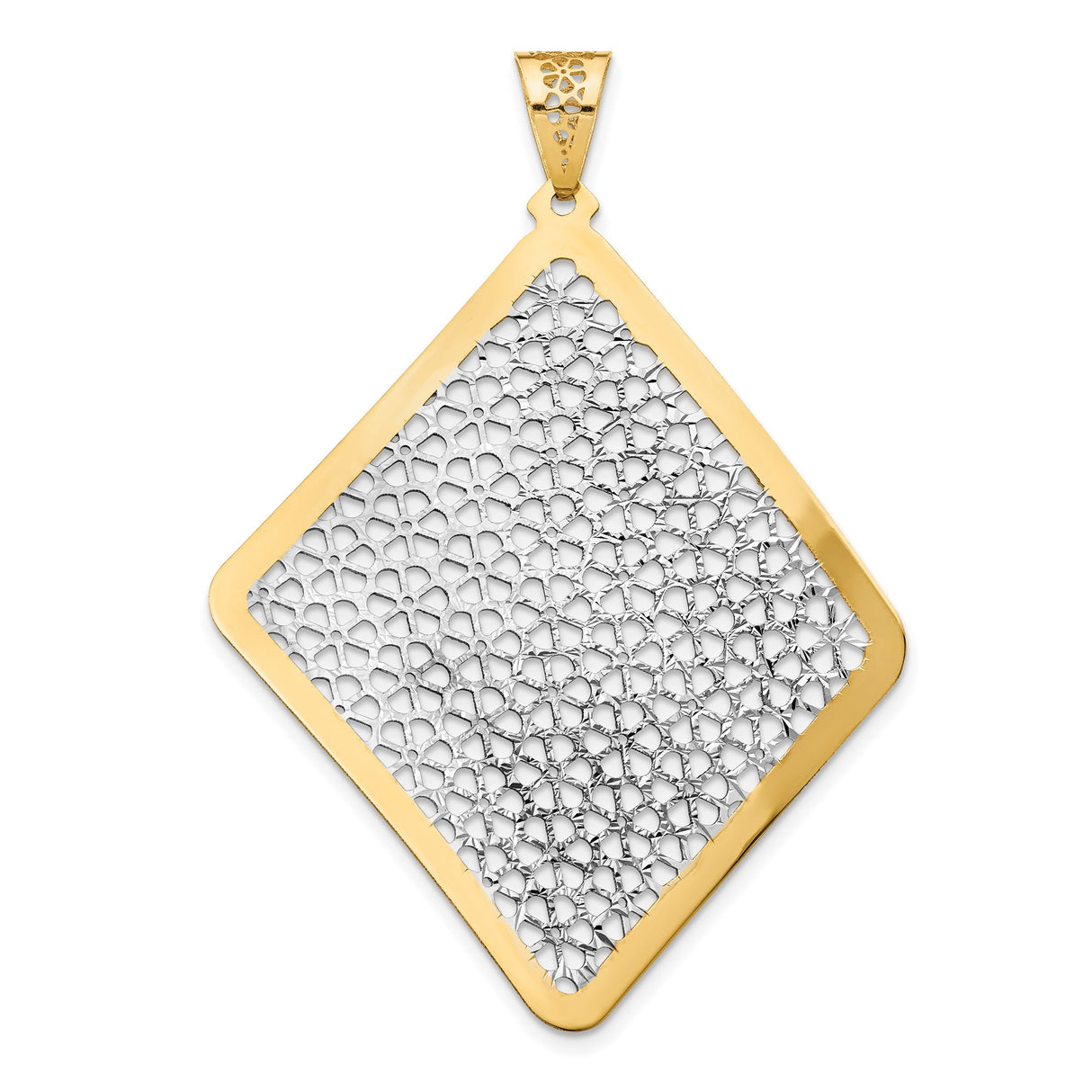 14k Multi-Tone Gold Floral Filigree Pendant with Openwork Diamond-Shaped Design for Women