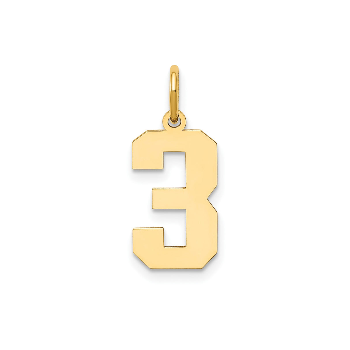 14k Yellow Gold Number 3 Pendant Charm, Polished Block Style, Unisex Sports Jewelry