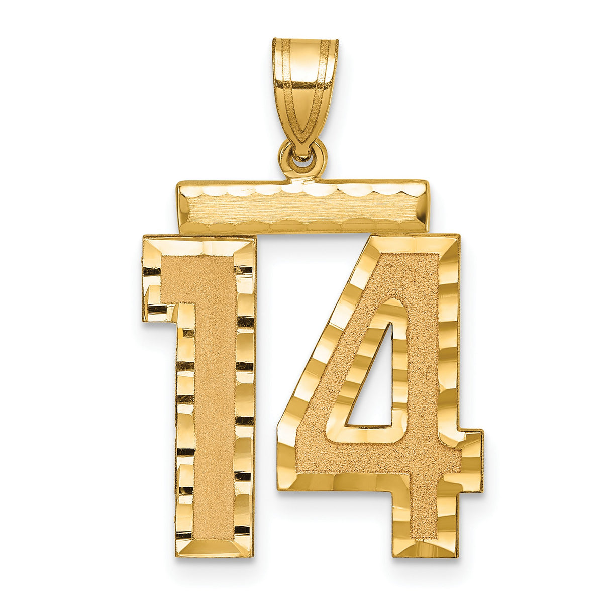14k Yellow Gold Number 14 Pendant, Textured Diamond-Cut Sports Charm for Men and Women