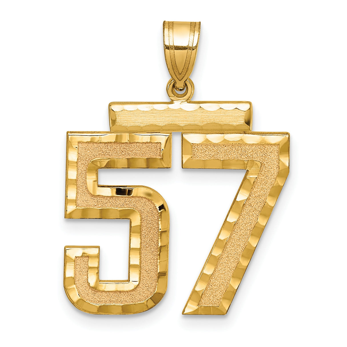 Large Brushed Diamond-cut Number 57 Charm Pendant in Real 14k Yellow Gold