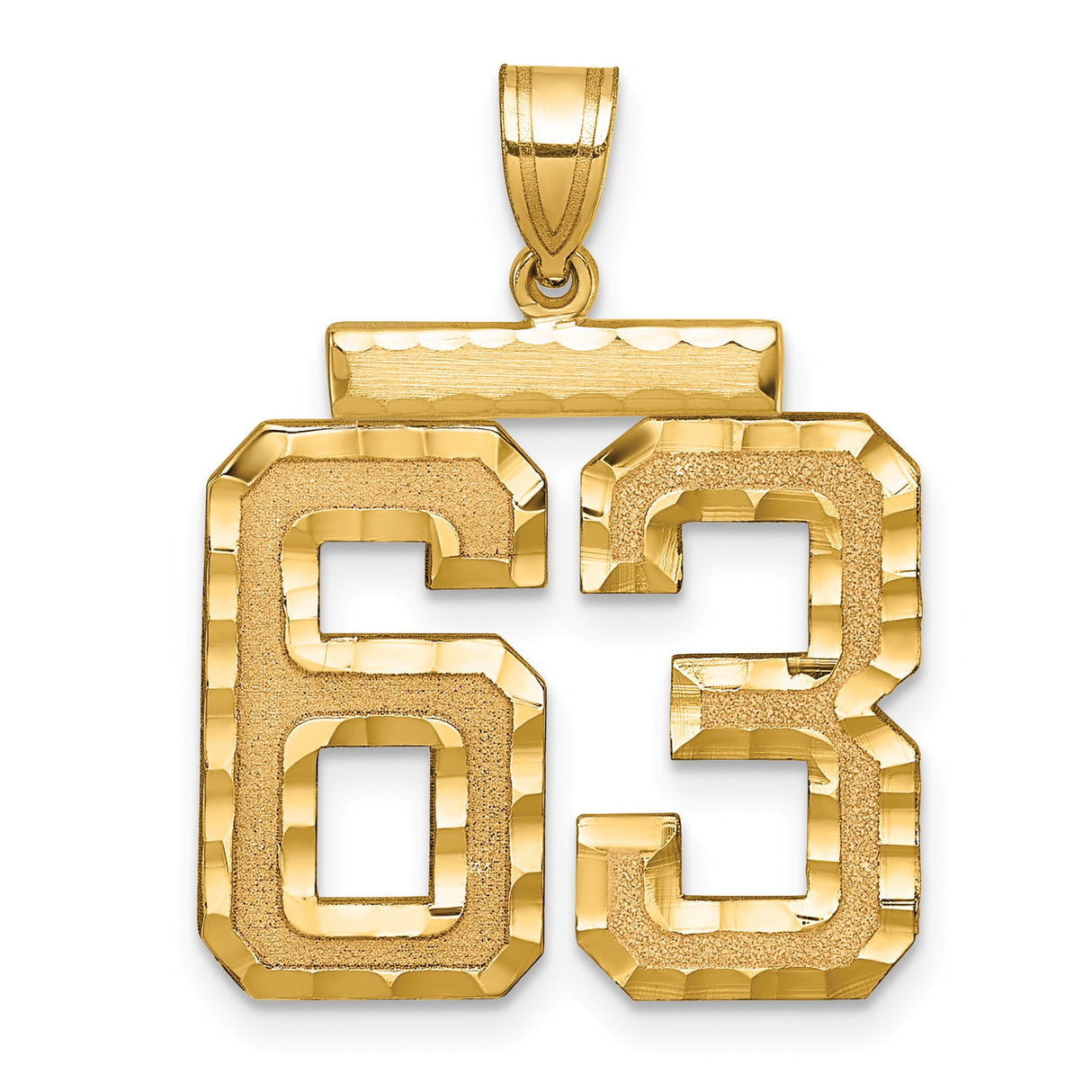 Large Brushed Diamond-cut Number 63 Charm Pendant in Real 14k Yellow Gold