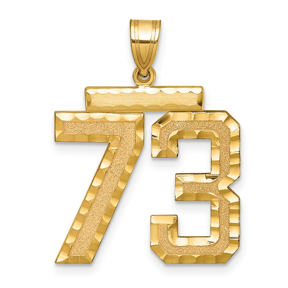 Large Brushed Diamond-cut Number 73 Charm Pendant in Real 14k Yellow Gold
