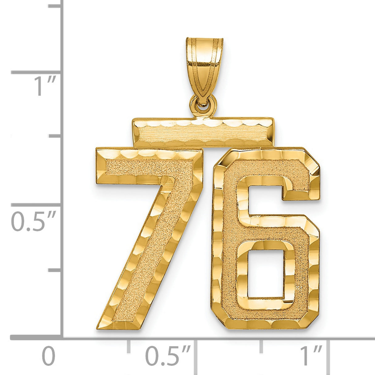 Large Brushed Diamond-cut Number 76 Charm Pendant in Real 14k Yellow Gold