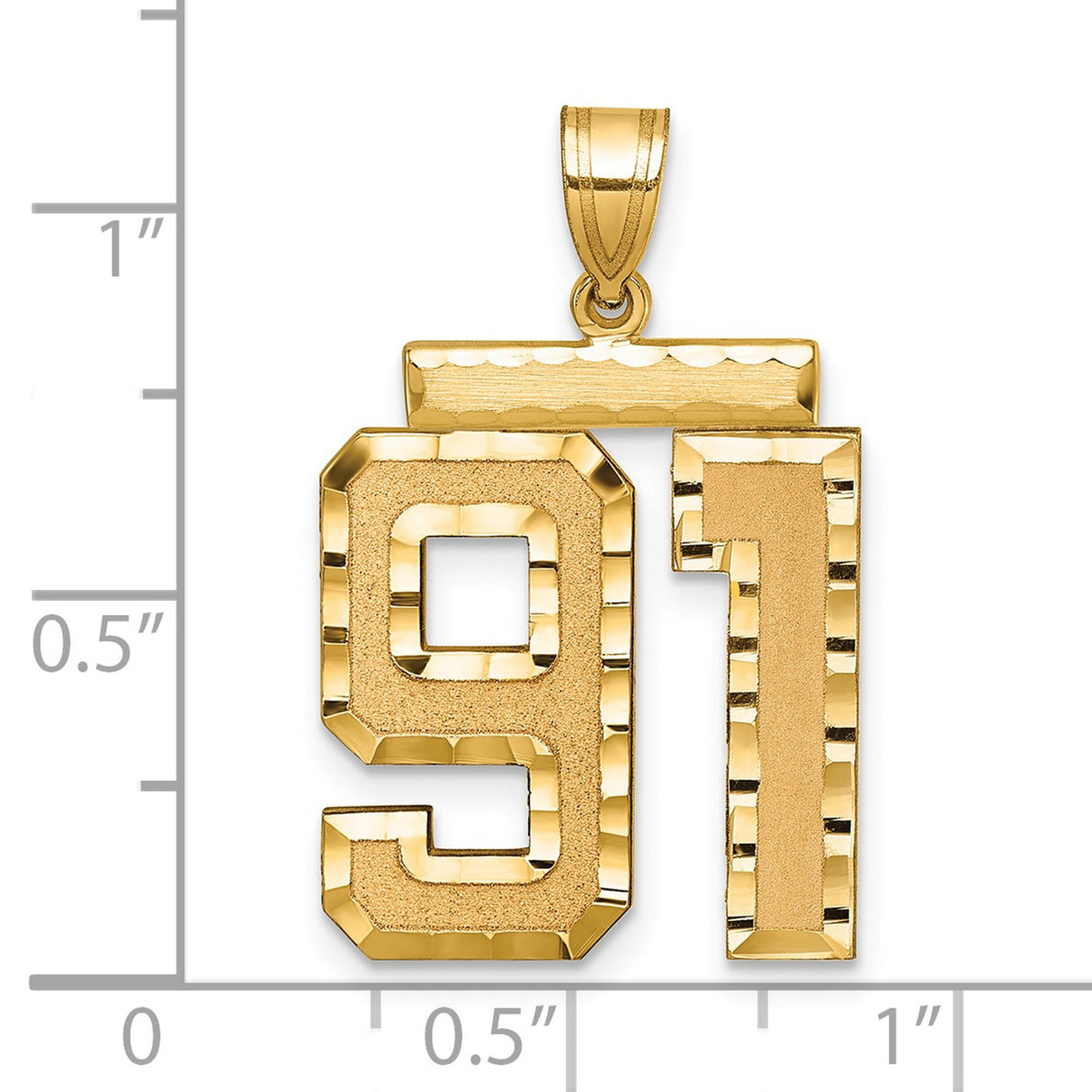 Large Brushed Diamond-cut Number 91 Charm Pendant in Real 14k Yellow Gold