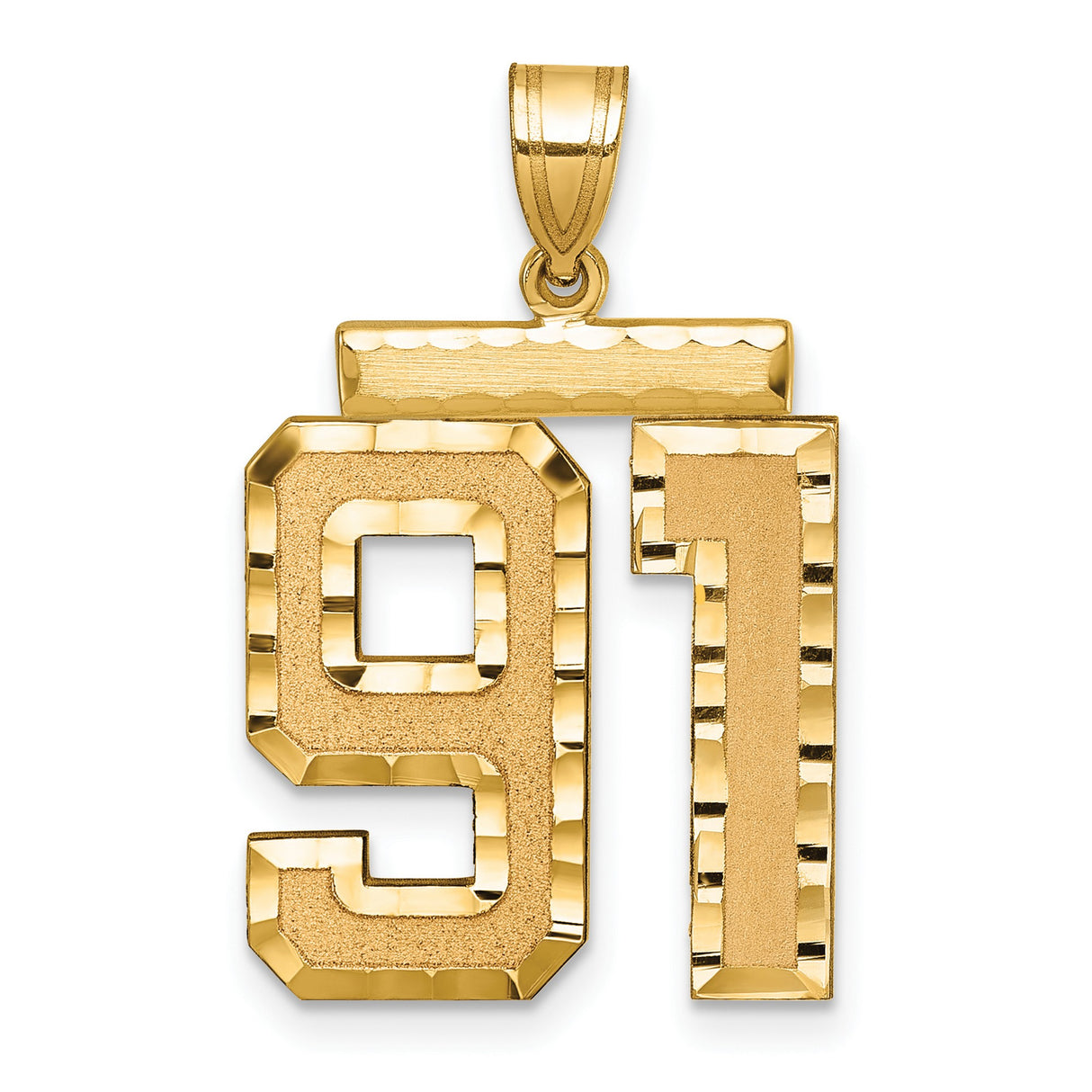 Large Brushed Diamond-cut Number 91 Charm Pendant in Real 14k Yellow Gold