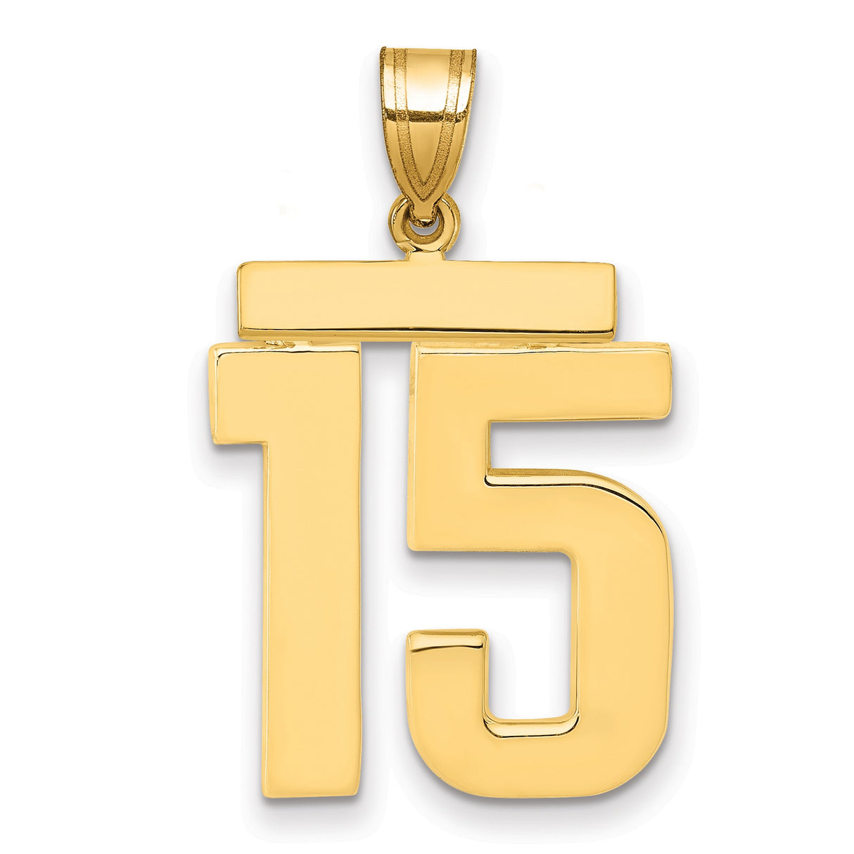 Large Polished Number 15 Charm Pendant in Real 14k Yellow Gold