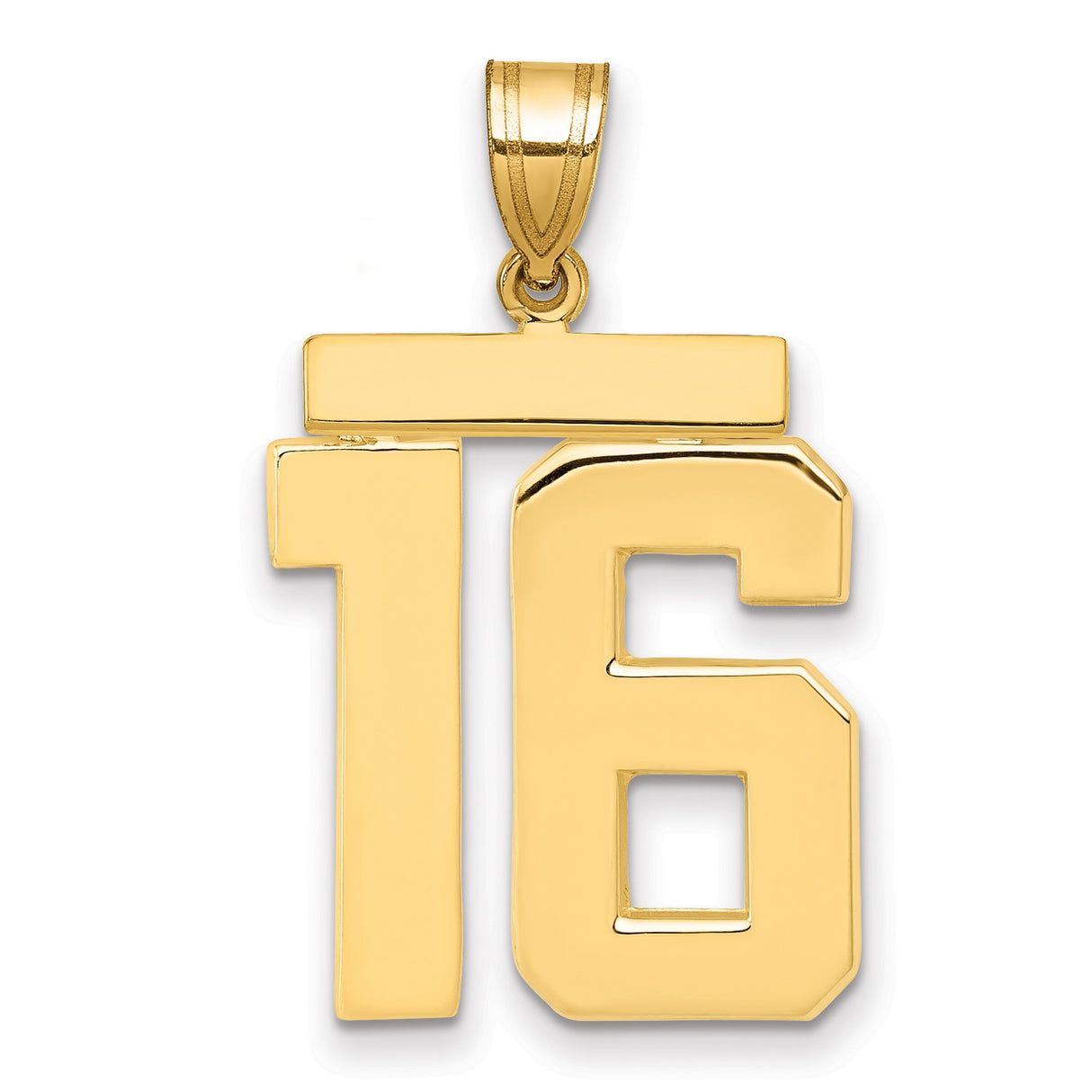Large Polished Number 16 Charm Pendant in Real 14k Yellow Gold