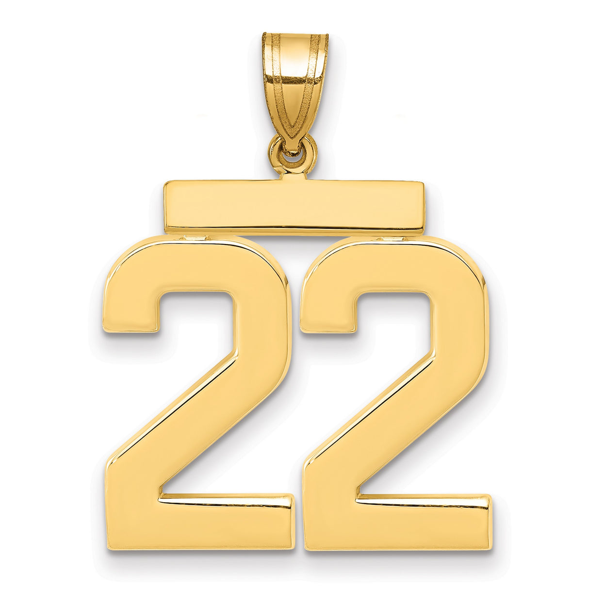 Large Polished Number 22 Charm Pendant in Real 14k Yellow Gold
