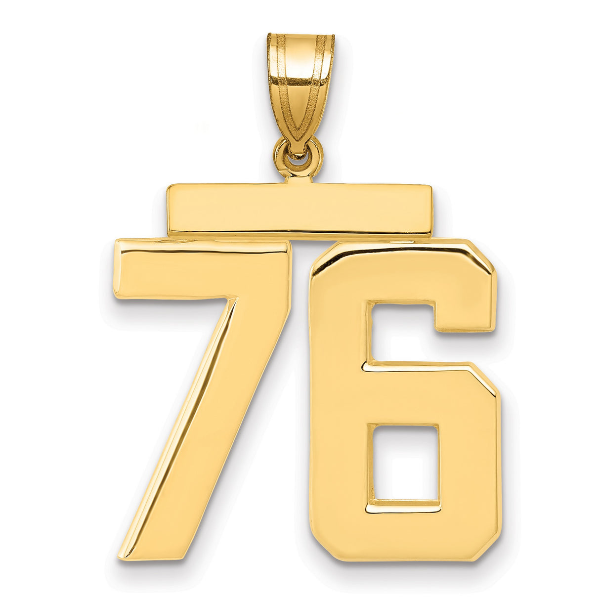Large Polished Number 76 Charm Pendant in Real 14k Yellow Gold