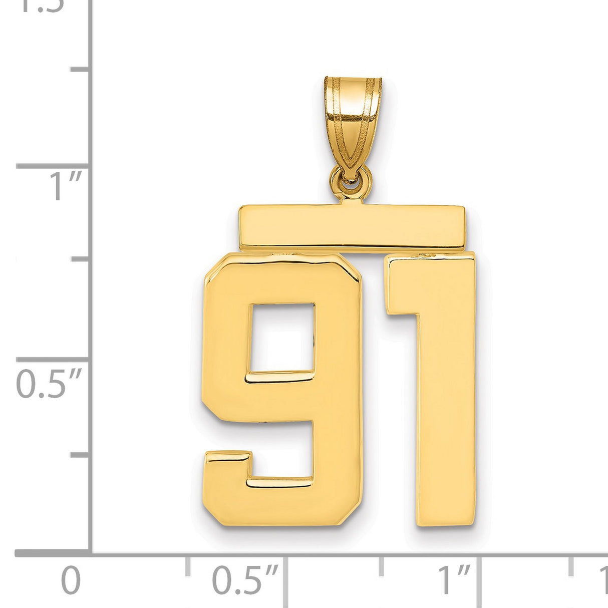 Large Polished Number 91 Charm Pendant in Real 14k Yellow Gold