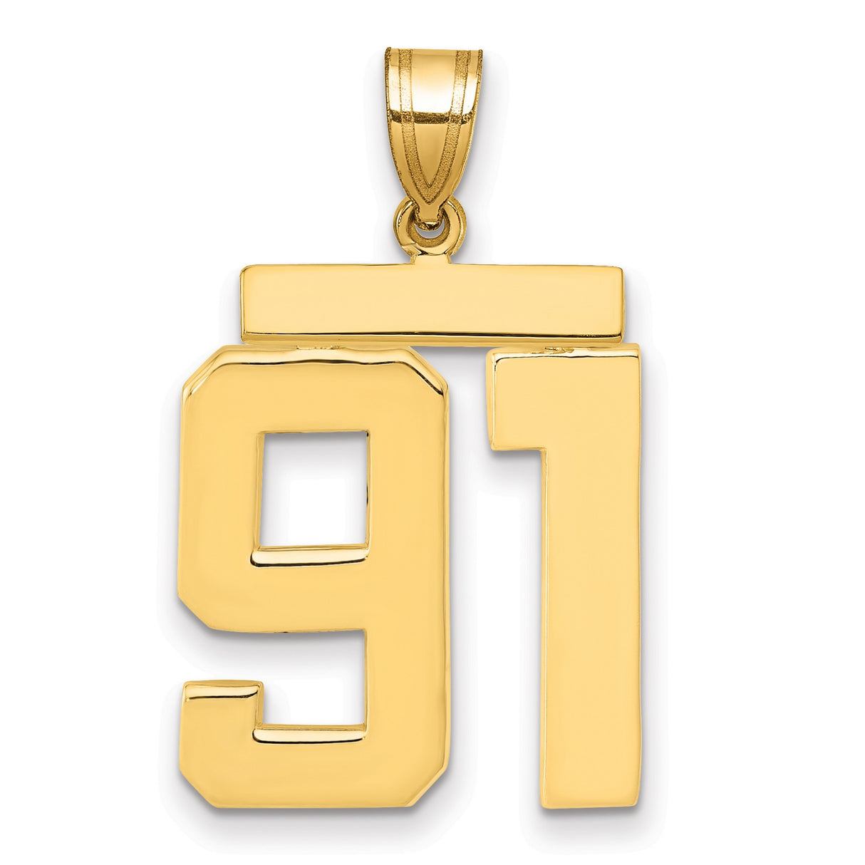 Large Polished Number 91 Charm Pendant in Real 14k Yellow Gold