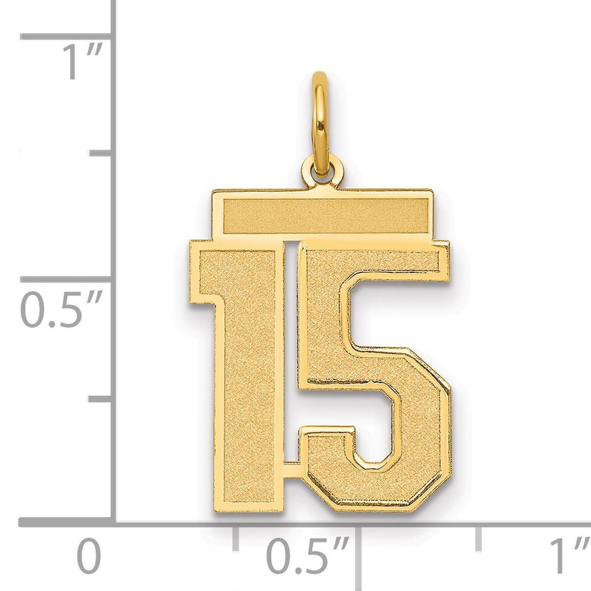 14k Yellow Gold Number 15 Pendant, Bold Block Style with Satin Finish, Unisex Sports Charm