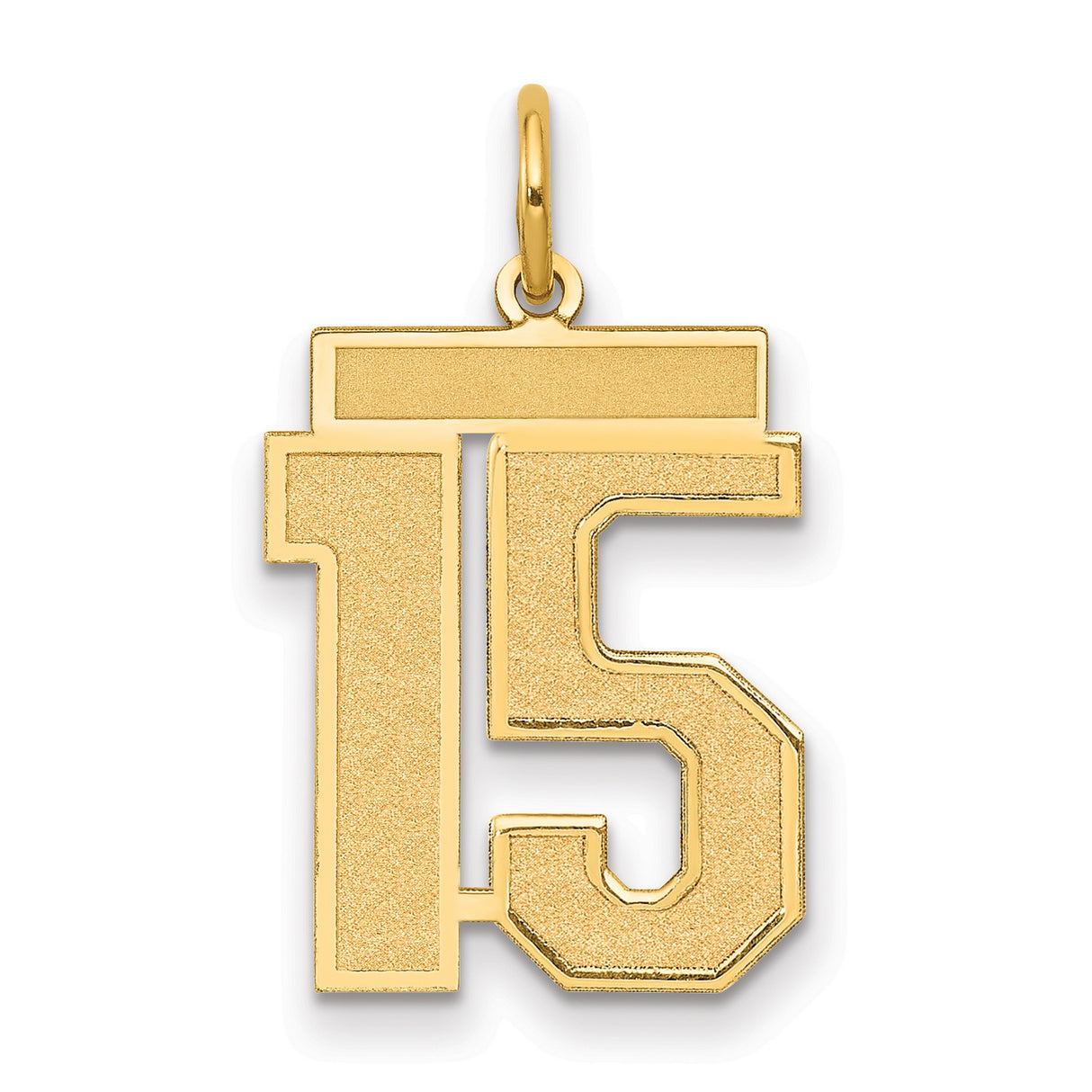 14k Yellow Gold Number 15 Pendant, Bold Block Style with Satin Finish, Unisex Sports Charm