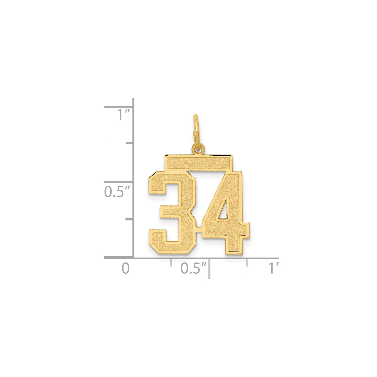 14k Yellow Gold Number 34 Pendant Charm, Bold Varsity Font Sports Theme
