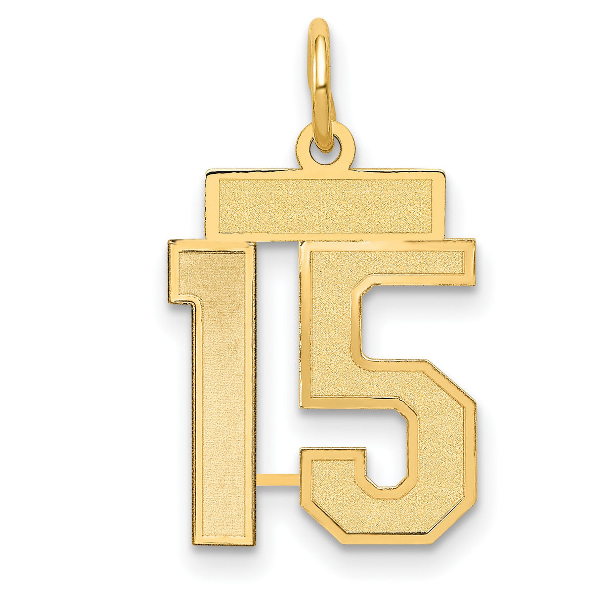 14k Yellow Gold Number 15 Pendant, Bold Block Numeral Charm with Satin Finish