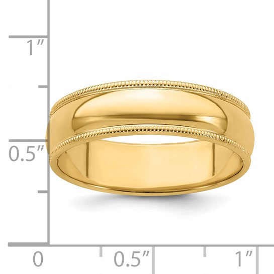 14K Yellow Gold Milgrain Domed Half Round Wedding Band 6mm Solid Wide Ring