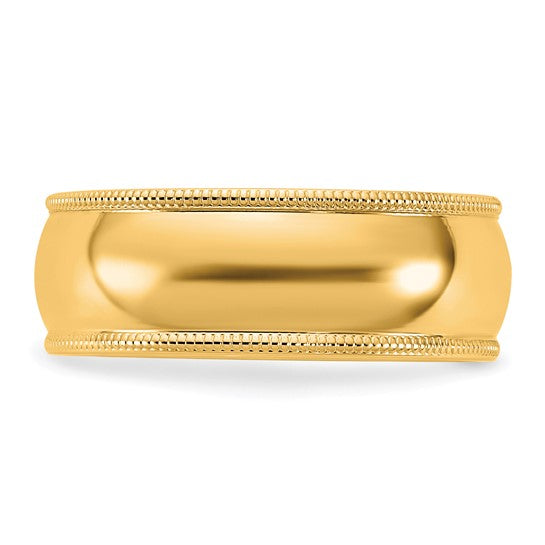 14K Yellow Gold Milgrain Domed Half-Round Solid Comfort-Fit Wedding Band 7mm Wide